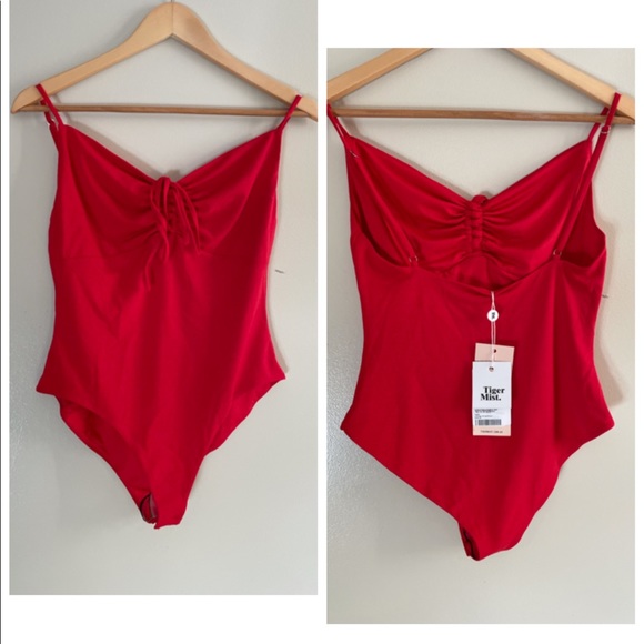 NWT (L) Tiger mist red ruched bodysuit adjustable straps tie front halatian - Picture 10 of 12